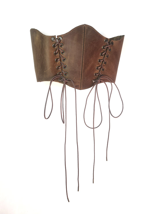 Corsé Underbust de Piel Engrasada Camel “Aurum Sand” con Cordón de Algodón Encerado